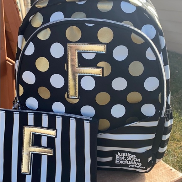 Black Stripe & Dot Initial Backpack & Wristlet “F” - Picture 2 of 6